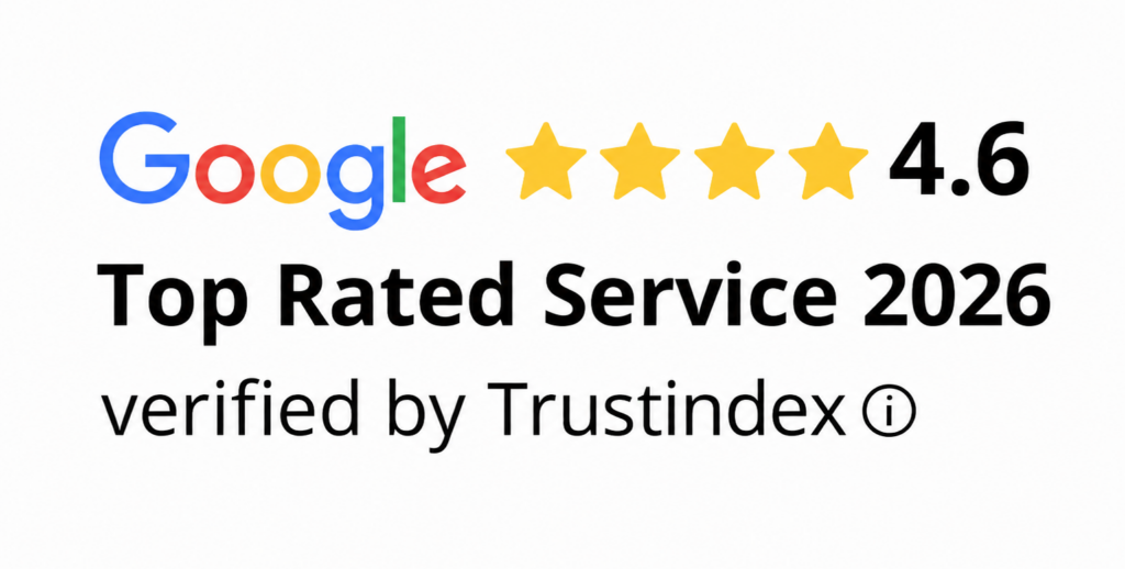 Google logo with four gold stars and a 4.6 rating; caption reads 'Top Rated Service 2026 verified by Trustindex'